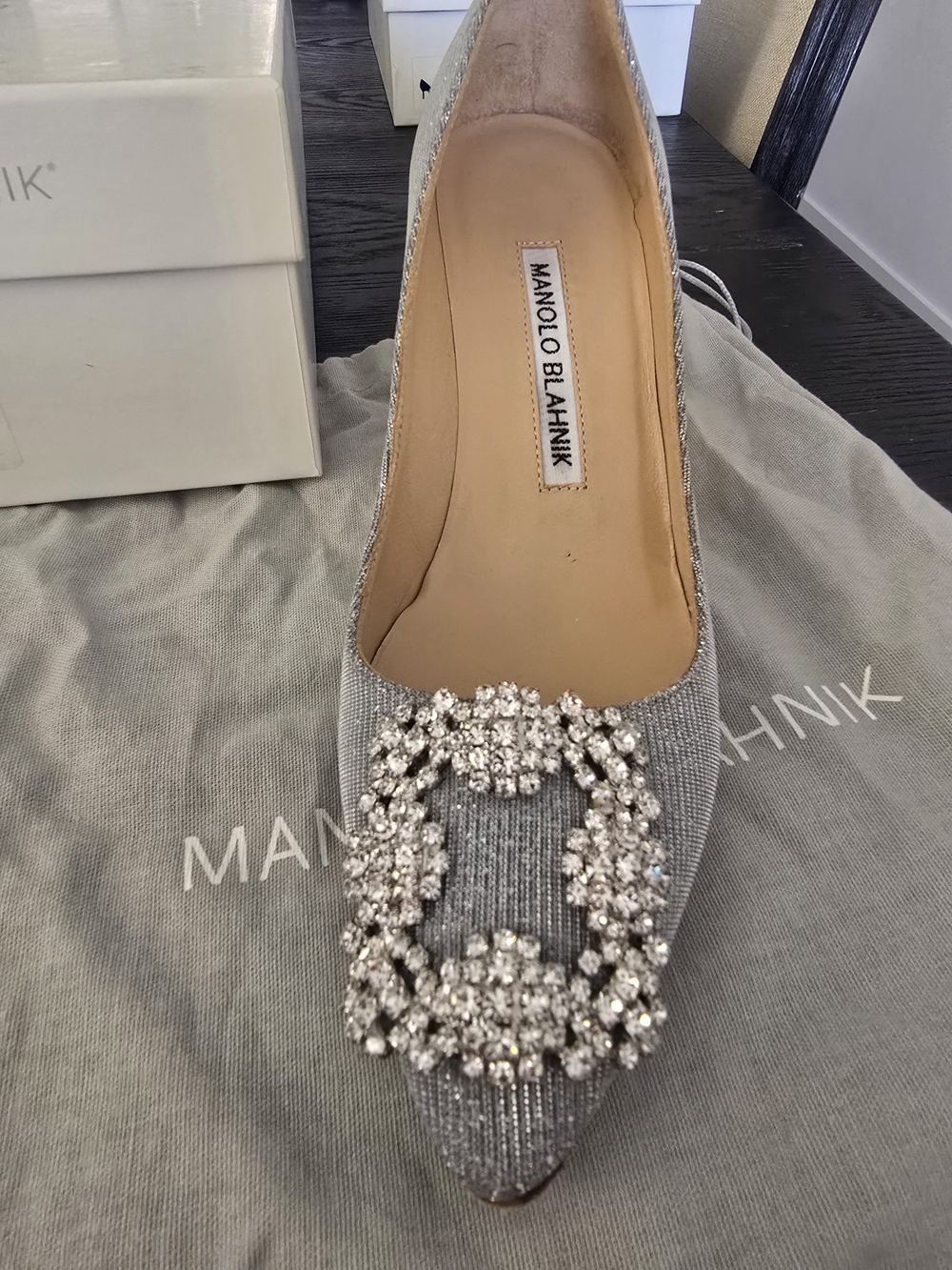 Manolo Blahnik Silver Embellished Pointed Toe Pump